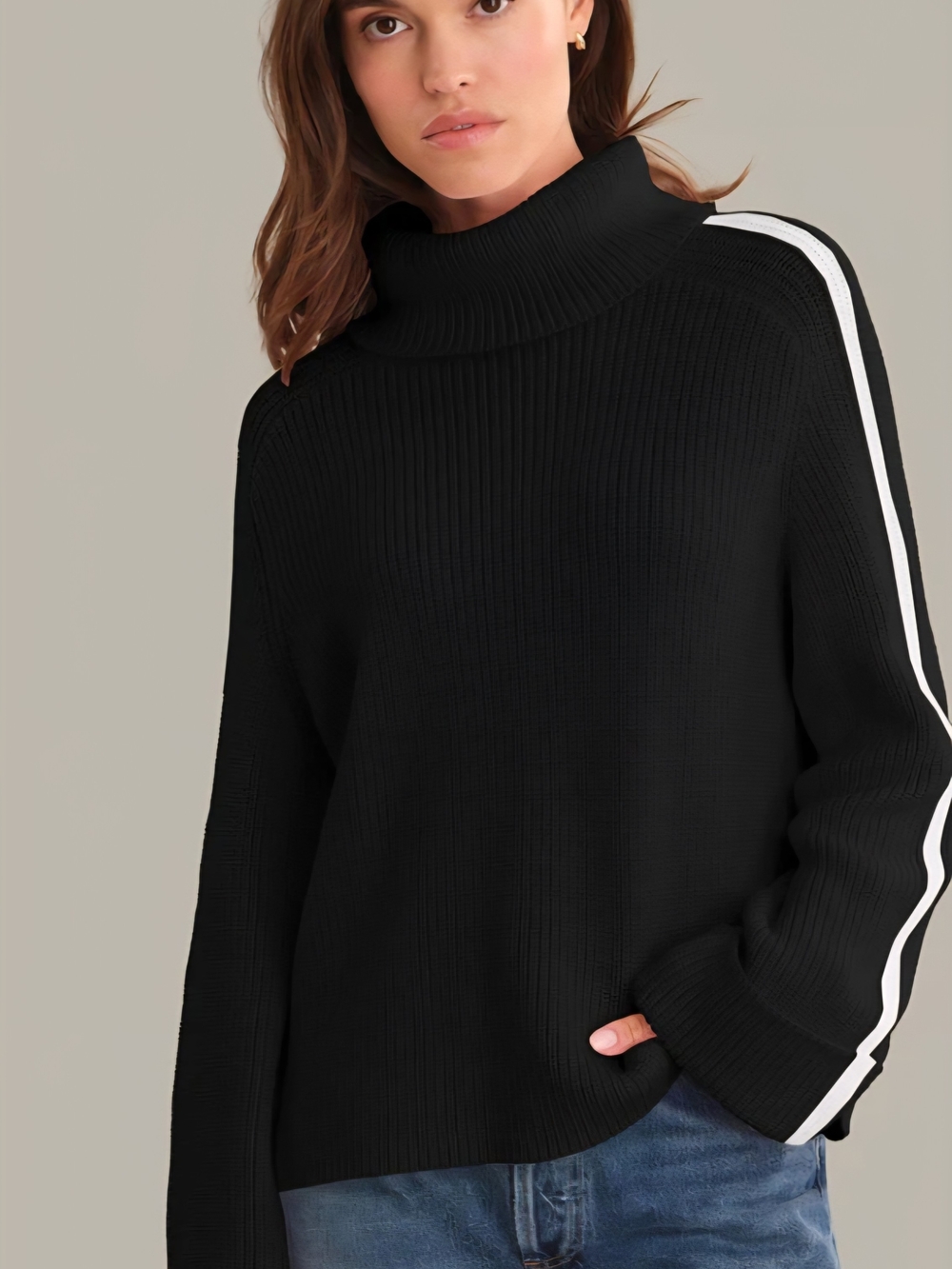 525 America Black Turtleneck Sweater with White Shoulder Stripe